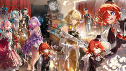 3boys 6+girls absurdres aglaea_(honkai:_star_rail) alternate_costume anaxa_(honkai:_star_rail) animal_ears black_pants black_shorts black_vest blonde_hair blue_eyes breasts castorice_(honkai:_star_rail) cat_ears cat_girl character_doll checkered_floor chimera_(honkai:_star_rail) chrysos_heirs_(honkai:_star_rail) cipher_(honkai:_star_rail) clothes_hanger commentary cross-shaped_pupils crossed_arms curtains dress english_commentary eyepatch formal_clothes garmentmaker_(honkai:_star_rail) gold_dress grape_(grapedraws) green_eyes green_hair grey_hair highres honkai:_star_rail honkai_(series) hyacine_(honkai:_star_rail) indoors large_breasts laurel_crown long_hair looking_at_another looking_at_viewer lying mannequin mem_(honkai:_star_rail) mirror multiple_boys multiple_girls mydei_(honkai:_star_rail) on_side pants phainon_(honkai:_star_rail) pink_hair pointy_ears pom-pom_(honkai:_star_rail) purple_dress purple_eyes purple_hair red_dress red_vest reflection shorts sitting smile standing suit symbol-shaped_pupils trianne_(honkai:_star_rail) tribbie_(honkai:_star_rail) trinnon_(honkai:_star_rail) twintails unworn_dress vest white_blindfold white_hair white_pants