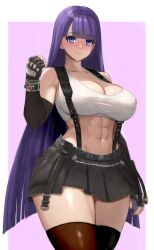 1girl abs bare_shoulders belt black_gloves black_skirt blue_eyes blush bracelet breasts brown_thighhighs cleavage collarbone cosplay elbow_gloves fate/grand_order fate_(series) final_fantasy final_fantasy_vii final_fantasy_vii_remake fingerless_gloves gloves highres jewelry large_breasts long_hair looking_at_viewer martha_(fate) materia muscular muscular_female navel purple_hair raskasar skirt smile solo suspender_skirt suspenders tank_top thick_thighs thighhighs thighs tifa_lockhart tifa_lockhart_(cosplay) white_tank_top