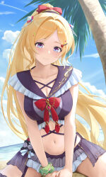 Rule 34 | 1girl, absurdres, aki rosenthal, aki rosenthal (holonatsu paradise), amano kusatsu, bikini, bikini skirt, blonde hair, blue sky, bow, bowtie, breasts, cleavage, cloud, commentary request, criss-cross straps, day, elf, frilled bikini, frills, headgear, highres, hololive, holonatsu paradise, long hair, looking at viewer, medium breasts, navel, official alternate costume, official alternate hairstyle, outdoors, palm tree, pointy ears, ponytail, purple bikini, purple eyes, purple sailor collar, red bow, red bowtie, sailor collar, scrunchie, sitting, sky, solo, stomach, straight-on, swept bangs, swimsuit, tree, very long hair, virtual youtuber, wrist scrunchie