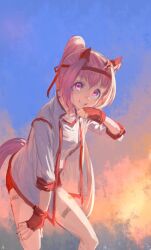 Rule 34 | 1girl, animal ears, buruma, commentary request, fingerless gloves, gloves, grin, gym uniform, hair intakes, hairband, haru urara (umamusume), high collar, highres, horse ears, horse girl, horse tail, inishie kumo, jacket, looking at viewer, pink eyes, pink hair, ponytail, red buruma, red gloves, red hairband, shirt, short hair, short ponytail, smile, solo, sweat, tail, tracen training uniform, umamusume, white jacket, white shirt