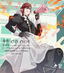 Rule 34 | 1boy, alternate costume, anger vein, angry, apron, artist name, black dress, black gloves, buttons, commentary request, crossdressing, dress, egasumi, emu (3mecho), enmaided, fire, frilled apron, frills, glasses, gloves, hair between eyes, hand on own hip, hand up, holding, holding megaphone, juliet sleeves, long hair, long sleeves, looking at viewer, low ponytail, maid, maid apron, maid headdress, male focus, megaphone, mortefi (wuthering waves), parted bangs, ponytail, puffy sleeves, red eyes, red hair, sleeve cuffs, solo, triangle, twitter username, v-shaped eyebrows, watermark, white apron, wuthering waves