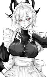 1girl aegyo_sal alternate_costume apron artist_name breasts button_gap commentary_request curled_horns enmaided greyscale hair_between_eyes hand_on_own_hip hand_on_own_neck highres horns large_breasts long_hair long_sleeves looking_to_the_side maid maid_headdress mole mole_under_eye monochrome parted_lips poipoi_poip red_eyes simple_background solo spot_color waist_apron white_background wuthering_waves zani_(wuthering_waves)