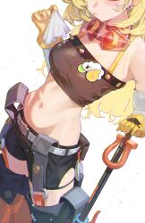 1girl absurdres black_shorts blonde_hair blush breasts chromatic_aberration closed_mouth cowboy_shot earrings gloves highres jaihu jewelry long_hair medium_breasts navel piper_wheel shorts simple_background solo standing sweatdrop white_background yellow_gloves zenless_zone_zero