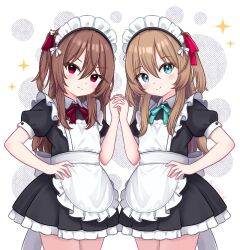 2girls alternate_costume apron back_bow black_dress blue_eyes blue_ribbon blush bow brown_hair collared_dress commentary contrast_collar cowboy_shot double-parted_bangs dress english_commentary enmaided evil_neuro-sama frilled_apron frilled_dress frills hair_between_eyes hair_ornament hair_ribbon hand_on_own_hip holding_hands kate27sun_sunetak long_hair looking_at_viewer maid maid_apron maid_headdress multiple_girls neck_ribbon neuro-sama one_side_up pout puffy_short_sleeves puffy_sleeves red_eyes red_ribbon ribbon short_sleeves sidelocks smile sparkle vedal_ai virtual_youtuber white_apron white_background white_bow