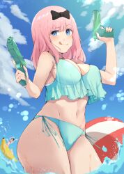 Rule 34 | 1girl, :q, aqua bikini, ball, banana boat, beachball, bikini, black bow, black mutou, blue eyes, blue sky, bow, breasts, cleavage, commentary request, cowboy shot, dual wielding, finger on trigger, fujiwara chika, hair bow, holding, holding water gun, kaguya-sama wa kokurasetai ~tensai-tachi no renai zunousen~, large breasts, long hair, looking at viewer, navel, ocean, pink hair, shinomiya kaguya, side-tie bikini bottom, sky, solo focus, stomach, swimsuit, tongue, tongue out, trigger discipline, wading, water, water gun