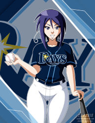 1girl aged_up artist_name baseball baseball_bat baseball_jersey belt commentary dated english_commentary holding holding_baseball_bat jayqc80 jersey love_hina maehara_shinobu medium_hair pants purple_eyes purple_hair smile solo standing tampa_bay_rays white_pants