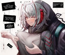 1girl 1other antenna_hair arknights black_coat black_jacket breasts coat demon_horns doctor_(arknights) english_text eroborne grabbing_another&#039;s_breast grabbing_from_behind groping hood hooded_coat horns jacket large_breasts multicolored_hair open_clothes open_jacket red_hair red_nails saliva shirt short_hair simple_background upper_body w_(arknights) white_background white_hair white_shirt yellow_eyes