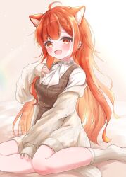 1girl absurdres ahoge animal_ear_fluff animal_ears belt blush bow braid dress ear_piercing hand_on_own_chest highres kneeling long_hair matcha_november nijisanji orange_eyes orange_hair piercing pinafore_dress ratna_petit sidelocks single_braid sleeveless sleeveless_dress socks very_long_hair virtual_youtuber