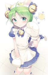 1girl ahoge animal_ears animal_hat apron bell blue_dress blush cat_ears cat_hat cat_tail dejiko di_gi_charat dress eyelashes gema green_hair hat highres jungki_dr mittens smile solo tail white_apron white_mittens