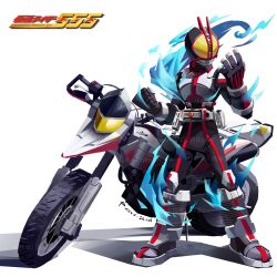 1boy armor black_bodysuit black_helmet blue_fire bodysuit clenched_hand copyright_name faiz_driver fire full_body helmet highres kamen_rider kamen_rider_555 kamen_rider_faiz male_focus motor_vehicle motorcycle penpenhuihui rider_belt simple_background solo tokusatsu white_background