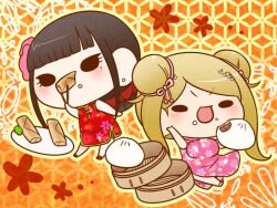 2girls akamatsu_kaede alternate_costume arm_up bamboo_steamer bare_arms bare_shoulders black_eyes blonde_hair breasts brown_hair cherry_blossom_print chibi china_dress chinese_clothes chopsticks collared_dress commentary_request crumbs danganronpa_(series) danganronpa_v3:_killing_harmony double_bun dress earrings eating eyelashes floral_background floral_print flower food fortissimo hair_bun hair_flower hair_ornament hair_ribbon hair_scrunchie harukawa_maki high_collar holding holding_chopsticks holding_food holding_with_chopsticks jewelry large_breasts light_blush long_dress long_hair medium_dress mole mole_under_eye multiple_girls musical_note musical_note_hair_ornament open_mouth orange_background outline pale_skin pink_dress pink_flower pink_ribbon pink_shoes plate red_dress red_footwear red_scarf ribbon scarf scrunchie shoes side_slit simple_background single_bare_leg single_hair_bun sleeveless sleeveless_dress smile solid_oval_eyes spring_roll steamed_bun stud_earrings v-shaped_eyebrows yellow_outline yumaru_(marumarumaru)