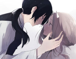 1boy 1girl black_hair brown_hair closed_mouth commentary_request eye_contact from_side hetero horns long_hair long_sleeves looking_at_another original parted_lips ponytail profile simple_background white_background white_horns yukimori_nene