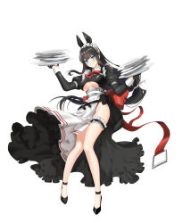 Rule 34 | 1girl, absurdres, alternate costume, animal ears, apron, bare legs, belt, black dress, black gloves, black hair, black shoes, blue eyes, breasts, closers, clothing cutout, dog ears, dress, enmaided, fake animal ears, frilled thigh strap, full body, gloves, grin, highres, holding, holding plate, juliet sleeves, large breasts, long hair, long sleeves, looking at viewer, low-tied long hair, maid, maid apron, maid headdress, official art, plate, plate stack, puffy sleeves, shoes, side slit, simple background, smile, solo, thigh strap, thighs, underboob, underboob cutout, very long hair, waist apron, white background, yuri seo