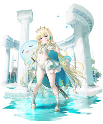 1girl armored_boots bikini black_choker black_ribbon blonde_hair blue_bikini blue_cape blue_eyes blue_ribbon blunt_bangs bodystocking boots bracelet braid breasts cape character_request chen_bin chinese_commentary choker closed_mouth clothing_cutout column commentary_request covered_navel full_body gloves goddess_paradise hair_ribbon half_up_braid highres holding holding_sword holding_weapon jewelry long_hair looking_at_viewer neck_ribbon necklace pillar ribbon showgirl_skirt side_cutout small_breasts smile solo standing swimsuit sword tiara two-sided_cape two-sided_fabric very_long_hair weapon white_boots white_cape white_gloves