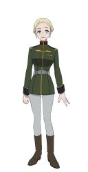 1girl belt blonde_hair blue_eyes boots brown_boots epaulettes forehead freckles full_body gundam gundam_gquuuuuux highres leggings looking_at_viewer military_uniform official_art sepha_(gundam_gquuuuuux) short_hair simple_background solo standing transparent_background tunic white_leggings zeon