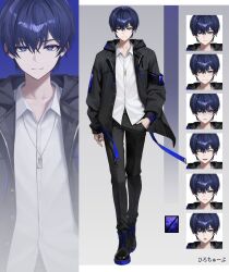 1boy black_boots black_hoodie black_pants blue_eyes blue_hair boots closed_eyes closed_mouth collared_shirt commentary_request full_body grey_background hand_in_pocket highres hood hood_down hoodie lace-up_boots long_sleeves looking_at_viewer male_focus multiple_expressions multiple_views onmoynn open_clothes open_hoodie open_mouth original pants shirt short_hair smile solo standing sweatdrop very_short_hair white_shirt zoom_layer