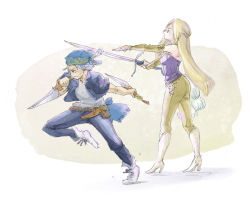 1boy 1girl bandana blonde_hair blue_jacket blue_pants blue_shirt celes_chere dagger detached_sleeves dual_wielding final_fantasy final_fantasy_vi hatomugi_oekaki holding holding_dagger holding_knife holding_sword holding_weapon jacket knife locke_cole long_hair pants shirt short_hair sleeveless sleeveless_shirt sword weapon yellow_pants