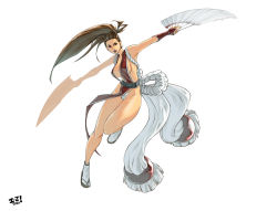 1girl bare_legs breasts brown_eyes brown_hair cleavage dual_wielding fatal_fury female_focus folding_fan hand_fan highleg highleg_panties highres holding irving-zero japanese_clothes large_breasts long_hair ninja panties pelvic_curtain ponytail revealing_clothes rope shimenawa shiranui_mai sideboob solo tabi the_king_of_fighters underwear vambraces