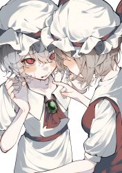 2girls blonde_hair blush cowboy_shot flandre_scarlet grey_hair hat highres incest mob_cap multiple_girls potato_(comicomi0211) red_eyes red_shirt remilia_scarlet shirt short_hair siblings simple_background sisters touhou white_background white_hat white_shirt yuri