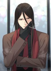 1boy black_gloves black_hair brown_coat cigarette closed_mouth coat fate/grand_order fate_(series) gloves hair_between_eyes highres jungki_dr long_hair lord_el-melloi_ii male_focus necktie red_necktie smoking solo thinking upper_body waver_velvet