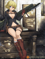 1girl artist_name black_jacket blonde_hair blue_eyes breasts chuunioniika cleavage desk devil_may_cry devil_may_cry_(series) devil_may_cry_4 gloves heterochromia highres holding holding_rocket_launcher holding_weapon jacket kalina_ann_(weapon) lady_(devil_may_cry) micro_shorts navel no_bra official_alternate_color on_desk red_eyes red_gloves rocket_launcher scar scar_on_face scar_on_nose shorts sitting smile weapon