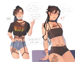 band_shirt bbybluemochi black_hair brown_eyes choker earrings english_text genderswap genderswap_(mtf) hand_in_pants harness heart highres implied_yuri jewelry long_hair mask merchandise signature tattoo tianguan_cifu torn_clothes xie_lian