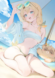 1girl absurdres adjusting_eyewear alternate_costume aqua_eyes bandeau beach bikini blonde_hair blue_eyes blush breasts collarbone eyewear_on_head hair_between_eyes hair_ornament highres hololive kazama_iroha long_hair open_clothes open_mouth pokobee ponytail ryuya shirt smile sunglasses swimsuit umbrella virtual_youtuber white_bandeau white_shirt