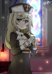 1girl absurdres alternate_costume alternate_hairstyle barbara_(genshin_impact) black_dress blonde_hair blue_eyes blush breasts church cleavage closed_mouth dress genshin_impact hair_down hat highres long_hair long_sleeves looking_at_viewer nun ryle solo sweatdrop