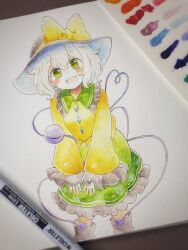 Rule 34 | 1girl, art tools in frame, black boots, black hat, blush, boots, bow, buttons, collared shirt, commentary request, diamond button, eyeball, floral print, frilled shirt collar, frilled skirt, frilled sleeves, frills, green eyes, green skirt, grey hair, hat, hat bow, heart, heart of string, highres, komeiji koishi, long sleeves, looking at viewer, open mouth, photo (medium), print skirt, rose print, shiro tsugumi, shirt, skirt, smile, solo, teeth, third eye, touhou, traditional media, upper teeth only, wide sleeves, yellow bow, yellow shirt