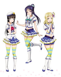 3girls aozora_jumping_heart aqua_eyes artbook black_hair blonde_hair blush boots bracelet earrings elbow_gloves gloves hair_ornament hat highres jewelry knee_boots kurosawa_dia layered_skirt long_hair looking_at_viewer love_live! love_live!_sunshine!! matsuura_kanan midriff mole mole_under_mouth multiple_girls navel non-web_source official_alternate_costume official_art ohara_mari open_mouth ponytail purple_eyes purple_hair skirt smile standing standing_on_one_leg thighhighs white_background white_gloves yellow_eyes zettai_ryouiki
