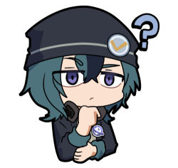 1boy ? artist_request black_hair black_hat black_jacket blue_eyes chibi chibi_only chinese_commentary girls&#039;_frontline girls&#039;_frontline_neural_cloud green_hair hat head_rest headphones headphones_around_neck jacket lowres male_focus official_art second-party_source solo yuwang_(neural_cloud)