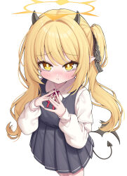 1girl black_horns black_ribbon black_skirt black_wings blonde_hair blue_archive demon_tail hair_ribbon halo highres horns ibuki_(blue_archive) long_sleeves looking_at_viewer metaljelly pointy_ears revision ribbon school_uniform simple_background skirt solo tail white_background wings yellow_eyes yellow_halo