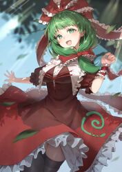 1girl black_thighhighs blurry bow commission depth_of_field dress falling_leaves green_eyes green_hair hair_bow highres kagiyama_hina large_bow leaf red_bow red_dress skeb_commission smile solo thigh_peek thighhighs thighs touhou wanko_sora zettai_ryouiki