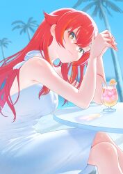 Rule 34 | 1girl, bare shoulders, blurry, blurry background, bright pupils, chair, closed mouth, crossed legs, cup, day, dress, drinking straw, elbow rest, hair between eyes, hair flaps, halter dress, halterneck, head tilt, highres, juice, long hair, nekota tsuna, niboshidrip, on chair, outdoors, own hands together, palm tree, red hair, ribbon, sitting, sky, sleeveless, sleeveless dress, smile, solo, table, tree, virtual youtuber, vspo!, white dress, white pupils, yellow eyes