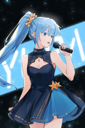 1girl blue_dress blue_eyes blue_hair collared_dress dress female_focus ha_yura hand_up highres idol idol_clothes kunyetog long_hair microphone music ponytail singing sleeveless sleeveless_dress solo tongue tower_of_god very_long_hair