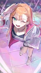 1girl ;d bare_legs gakuen_idolmaster green_eyes highres idolmaster jacket leaning_forward looking_at_viewer no_mole one_eye_closed open_mouth orange_hair salute sanshoku_dango_(shukosuko) shiun_sumika shoes shorts smile sneakers solo stage stage_lights two-sided_fabric two-sided_jacket white_jacket white_shoes white_shorts