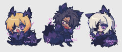 Rule 34 | 1boy, 2girls, :d, animal ears, blonde hair, brown hair, chibi, claws, coat, don quixote (project moon), e.g.o (project moon), electricity, er hea, fang, faust (project moon), full body, fur trim, heathcliff (project moon), highres, limbus company, looking at viewer, multiple girls, one eye in shadow, open mouth, project moon, purple coat, purple eyes, short hair, simple background, smile, standing, tail, telepole (e.g.o), white background, white hair, wolf ears, wolf tail
