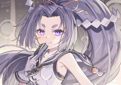 1girl absurdres bare_shoulders blush folding_fan gloves hair_ornament hair_ribbon hairpin hand_fan hatsuharu_(kancolle) hatsuharu_kai_ni_(kancolle) highres hikimayu hizaka kantai_collection long_hair looking_at_viewer ponytail purple_eyes purple_hair ribbon shirt sleeveless sleeveless_shirt solo tsurime twitter_username upper_body very_long_hair white_gloves
