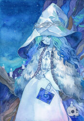 1girl blue_eyes blue_hair blue_skin book candle cloak colored_skin doll_joints dress elden_ring extra_arms extra_faces fur_cloak hat highres holding holding_book joints long_hair looking_at_viewer night night_sky one_eye_closed rabbitfolly ranni_the_witch skull sky smile white_dress witch_hat