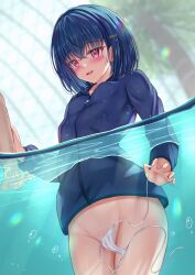 Rule 34 | 1girl, 1other, air bubble, bikini, blue hair, blue jacket, blurry, blurry background, blush, bottomless, breasts, bubble, choppy bangs, commentary request, convenient censoring, crossed bangs, embarrassed, exhibitionism, eyes visible through hair, fingernails, hair between eyes, hair ornament, hair over eyes, hairclip, highres, holding, holding swimsuit, holding unworn clothes, huziiro matutya, in water, jacket, kouhai-chan (huziiro matutya), long bangs, long sleeves, medium hair, open clothes, open mouth, original, out of frame, parallel hairclips, partially underwater shot, pink eyes, pool, public indecency, public nudity, side-tie bikini bottom, small breasts, solo focus, sparkle, swimsuit, untied bikini, unworn swimsuit, water drop, wavy mouth, wet, white bikini