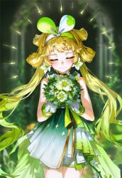 1girl blush closed_eyes closed_mouth flower gloves glowing green_hair green_skirt hairband highres long_hair mikogomen ponytail short_shorts shorts simple_background skirt smile verina_(wuthering_waves) wuthering_waves