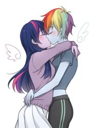 2girls ^_^ alternate_hair_length alternate_hairstyle antenna_hair aqua_hair arms_around_neck black_hair black_pants blonde_hair blue_skin blush closed_eyes colored_skin commentary cowboy_shot dcon_34 double_vertical_stripe drawn_wings facing_another fingernails french_kiss from_side green_hair grey_shirt hair_over_shoulder hug kiss long_hair long_sleeves midriff multicolored_hair multiple_girls my_little_pony my_little_pony:_equestria_girls my_little_pony:_friendship_is_magic orange_hair pants pink_hair pixie_cut profile purple_hair purple_skin purple_sweater rainbow_dash rainbow_dash_(equestria_girls) rainbow_hair red_hair shirt short_hair short_sleeves simple_background skirt sleeves_past_wrists standing straight_hair streaked_hair sweater t-shirt twilight_sparkle twilight_sparkle_(human) u_u white_background white_skirt yuri
