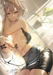 1girl absurdres black-framed_eyewear black_bra black_skirt bra brown_eyes brown_hair character_name clio_aite clock digital_clock flat_chest hair_between_eyes hide_(hideout) highres holding holding_removed_eyewear indie_virtual_youtuber lying made_in_2023 morning nipples on_bed on_side open_bra pillow plant potted_plant second-party_source signature skirt solo underwear unworn_eyewear virtual_youtuber