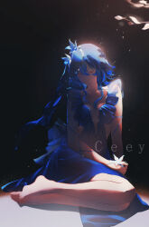 Rule 34 | 1girl, armlet, artist name, bare legs, barefoot, blue hair, blue veil, breasts, ceey, closed eyes, collarbone, commentary, dress, english commentary, feet, full body, hair between eyes, highres, jewelry, legs, long hair, medium breasts, shorekeeper (wuthering waves), sitting, sleeveless, sleeveless dress, solo, veil, wuthering waves, yokozuwari
