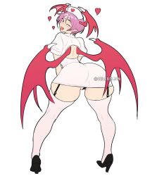 1girl ass back_cutout bat_wings black_panties celebelian clothing_cutout darkstalkers fang garter_straps hat head_wings heart high_heels highres lilith_(darkstalkers) nurse nurse_cap one_eye_closed panties partially_visible_vulva pointy_ears purple_hair short_hair solo thick_thighs thighhighs thighs underwear wings