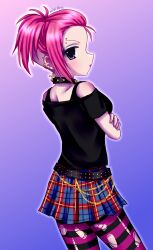 Rule 34 | 1girl, absurdres, artist name, belt, black shirt, blue skirt, chain, collar, cowboy shot, cross, cross earrings, crossed arms, ear piercing, earrings, eyebrow piercing, face piercing, from behind, highres, jewelry, kigidere, looking at viewer, looking back, miniskirt, off-shoulder shirt, off shoulder, original, pantyhose, piercing, pink hair, plaid clothes, plaid skirt, punk, purple pantyhose, shirt, short sleeves, skirt, solo, spiked collar, spikes, standing, striped clothes, striped pantyhose, studded belt, torn clothes, torn pantyhose, undercut
