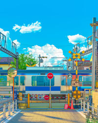 absurdres blue_sky cloud day highres japan mirror no_humans omorphia original outdoors railroad_crossing road_sign sign sky stop_sign traffic_cone train