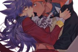 Rule 34 | 2boys, aqua eyes, arm around waist, arm up, ascot, black hair, black hoodie, blue shirt, closed mouth, coat, collared shirt, commentary request, dark-skinned male, dark skin, dynamax band, eyelashes, fang, highres, hood, hood down, hoodie, kai (xylitol2060), leon (pokemon), long hair, long sleeves, looking at another, male focus, multiple boys, nintendo, open mouth, pokemon, pokemon swsh, purple hair, raihan (pokemon), red coat, shirt, sideburns, sleeve cuffs, white ascot, wing collar, yaoi, yellow eyes