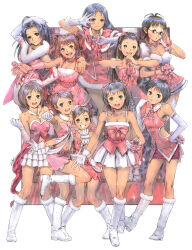 6+girls ahoge akizuki_ritsuko amami_haruka antenna_hair bare_shoulders black_hair boots brown_eyes brown_hair commentary_request dress elbow_gloves futami_ami futami_mami glasses gloves hagiwara_yukiho highres holding holding_microphone idolmaster idolmaster_(classic) idolmaster_1 kikuchi_makoto kisaragi_chihaya knee_boots long_hair looking_at_viewer microphone minase_iori miura_azusa multiple_girls open_mouth pink_dress short_hair skirt takatsuki_yayoi white_footwear white_gloves white_skirt yasuda_akira