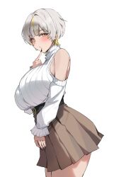 1girl belt black_belt black_nails blonde_hair breasts brown_skirt closed_mouth clothing_cutout earrings grey_hair highres hoop_earrings indie_virtual_youtuber jewelry large_breasts mam_a103 multicolored_hair park_dona pleated_skirt ribbed_sweater short_hair shoulder_cutout skirt solo streaked_hair sweater turtleneck turtleneck_sweater virtual_youtuber white_background white_sweater yellow_eyes